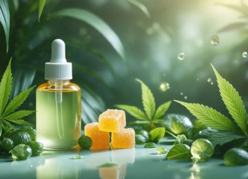 A radiant skincare display featuring CBD gummies as the highlight amidst a natural and soothing backdrop, symbolizing the theme of enhancing skin health and radiance.