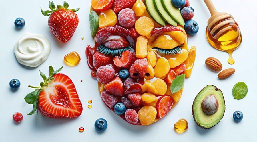 Conceptual representation of freeze-dried candy facial using vibrant fruits and superfoods on a serene backdrop, symbolizing the fusion of nutrition and skincare.