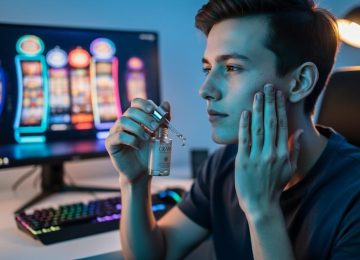 Young adult at a gaming desk applying hydrating serum with a glass dropper, face lit by cool blue monitor glow and warm lamp rim light, skincare bottles nearby, with blurred RGB keyboard, monitor, and neon bokeh resembling casino lights in the background.