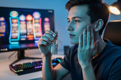 Young adult at a gaming desk applying hydrating serum with a glass dropper, face lit by cool blue monitor glow and warm lamp rim light, skincare bottles nearby, with blurred RGB keyboard, monitor, and neon bokeh resembling casino lights in the background.