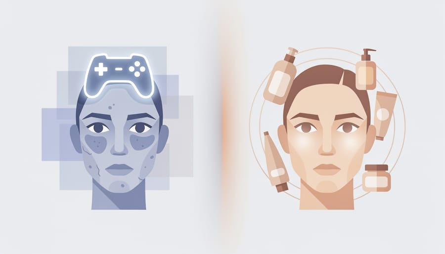 Luxury skincare products arranged with casino-inspired lighting in background