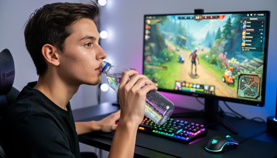 Woman applying facial mist spray while at computer desk