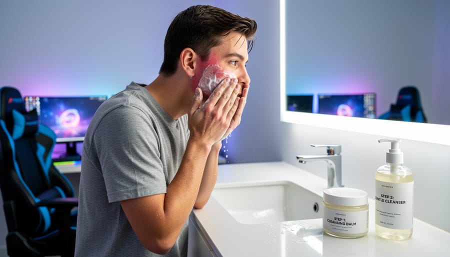 Close-up of hands performing double cleansing skincare routine with foam cleanser
