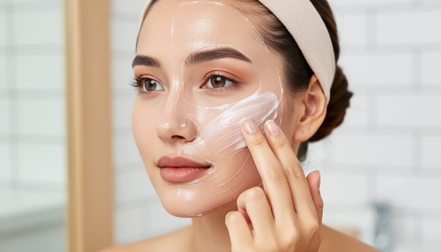 Close-up of hand applying creamy face mask to facial skin