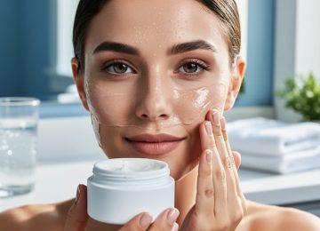 Close-up of a woman applying a translucent hydrating gel face mask to damp skin, with dewy water droplets visible, lit by soft daylight; blurred bathroom vanity with white towels, greenery, and a glass of water in the background; no visible product labels.