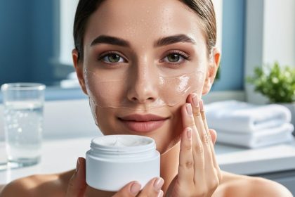 Close-up of a woman applying a translucent hydrating gel face mask to damp skin, with dewy water droplets visible, lit by soft daylight; blurred bathroom vanity with white towels, greenery, and a glass of water in the background; no visible product labels.