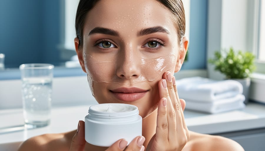 Close-up of a woman applying a translucent hydrating gel face mask to damp skin, with dewy water droplets visible, lit by soft daylight; blurred bathroom vanity with white towels, greenery, and a glass of water in the background; no visible product labels.