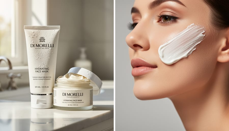 Close-up of white cream face mask texture on fingertips