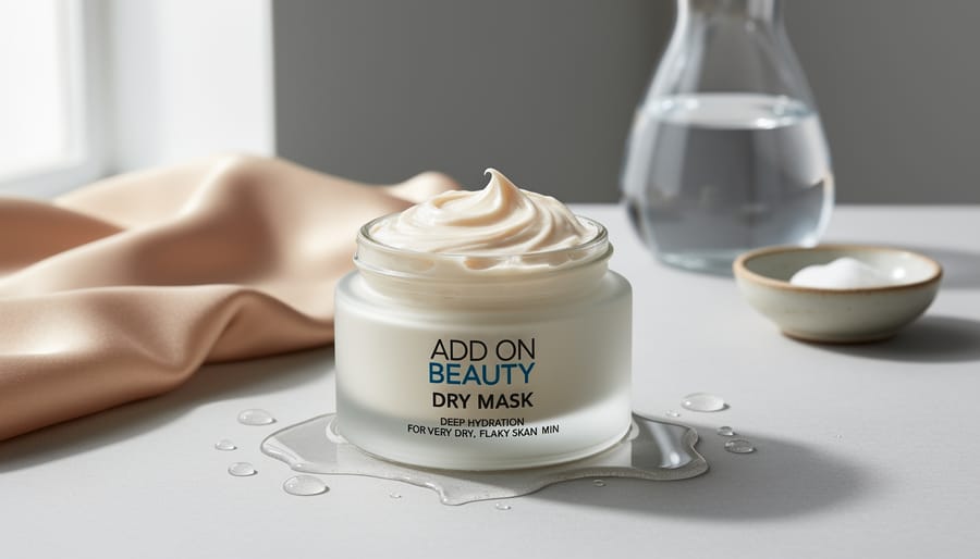 Glass jar of Add On Beauty Dry Mask with creamy white texture on marble surface