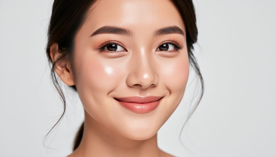 Woman with glowing hydrated skin showing results of face mask treatment