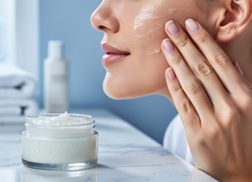 Close-up of a hand applying a glossy gel-cream mask to a damp cheek beside an open unlabeled jar on a marble vanity, lit by soft winter daylight from a frosted window with blurred towels and moisturizer in the background.