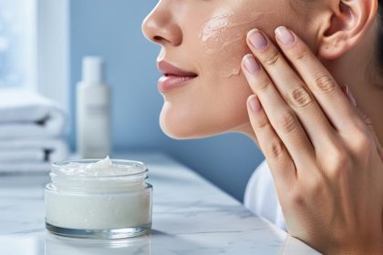 Close-up of a hand applying a glossy gel-cream mask to a damp cheek beside an open unlabeled jar on a marble vanity, lit by soft winter daylight from a frosted window with blurred towels and moisturizer in the background.