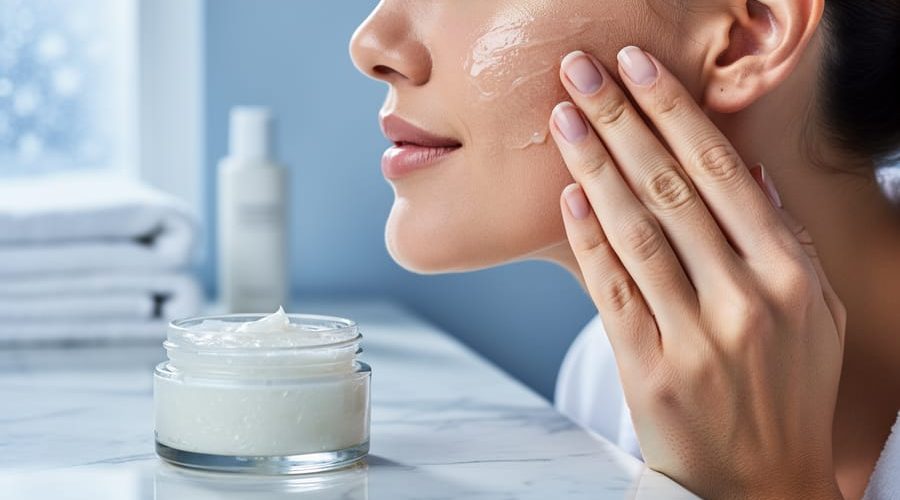 Close-up of a hand applying a glossy gel-cream mask to a damp cheek beside an open unlabeled jar on a marble vanity, lit by soft winter daylight from a frosted window with blurred towels and moisturizer in the background.