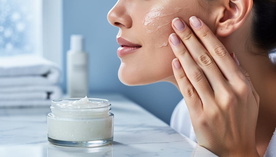 Close-up of a hand applying a glossy gel-cream mask to a damp cheek beside an open unlabeled jar on a marble vanity, lit by soft winter daylight from a frosted window with blurred towels and moisturizer in the background.