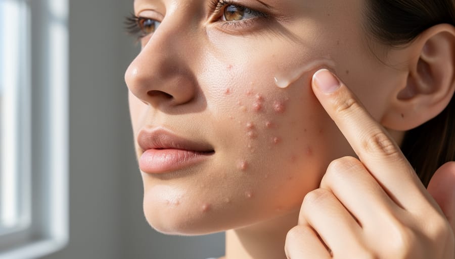 Person applying clear skincare serum to a cheek with a gentle patting motion