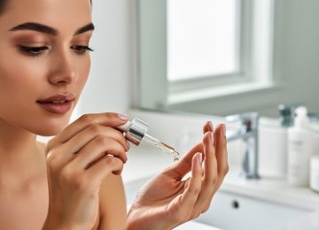 Close-up of a woman applying facial serum with a dropper at a bright bathroom vanity, representing a daily skincare routine for acne-prone skin.