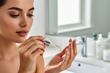 Close-up of a woman applying facial serum with a dropper at a bright bathroom vanity, representing a daily skincare routine for acne-prone skin.
