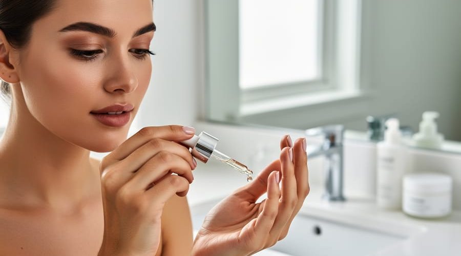 Close-up of a woman applying facial serum with a dropper at a bright bathroom vanity, representing a daily skincare routine for acne-prone skin.