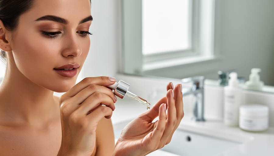 Close-up of a woman applying facial serum with a dropper at a bright bathroom vanity, representing a daily skincare routine for acne-prone skin.