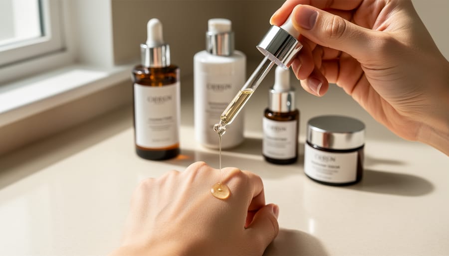 Close-up of a hand applying skincare serum from a gift set with skincare bottles visible on a bathroom counter.