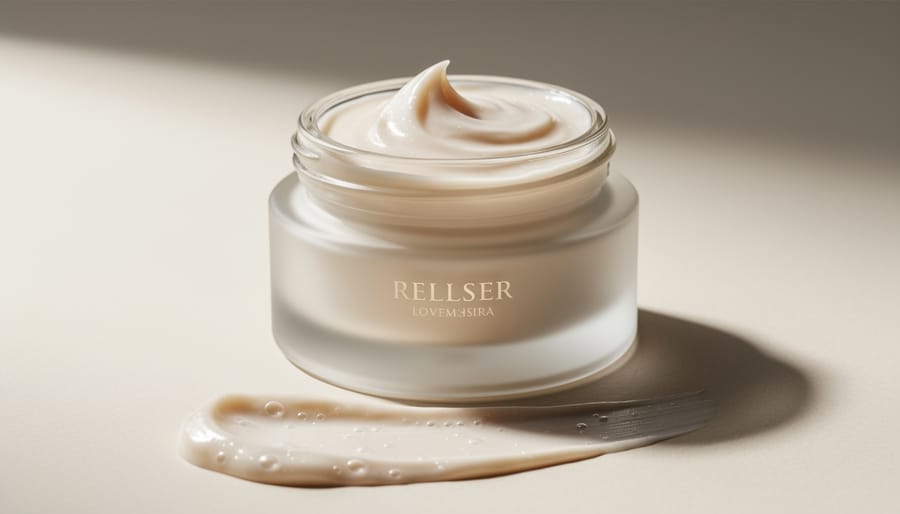 Macro close-up of a skincare cream jar and dropper bottle on marble with soft studio lighting