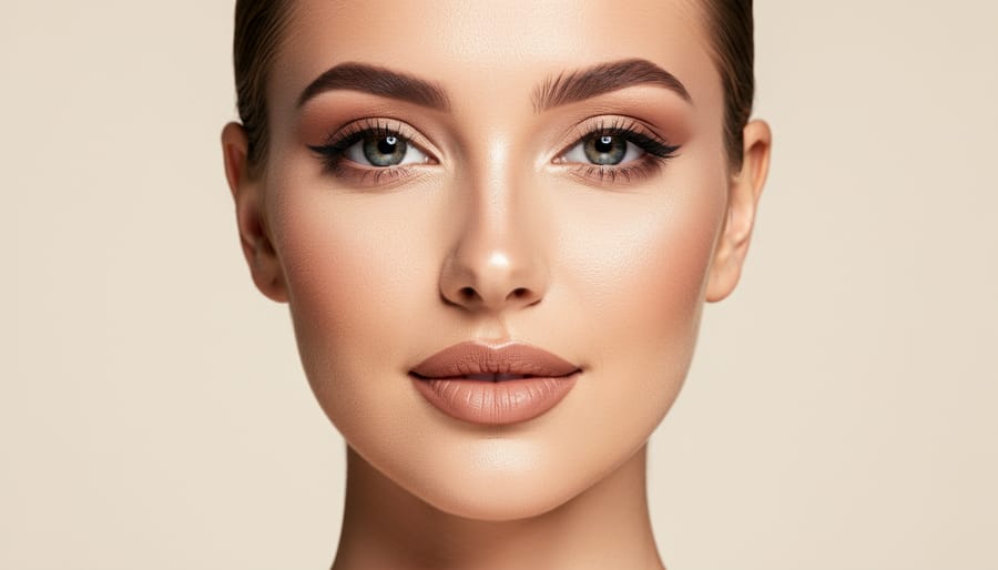 Model with a luminous, camera-ready complexion in soft studio lighting