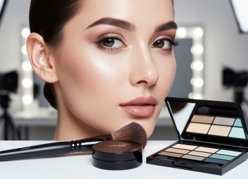 Close-up of a luminous makeup finish on a model’s cheek with a foundation brush and makeup palette under soft studio lighting.