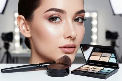 Close-up of a luminous makeup finish on a model’s cheek with a foundation brush and makeup palette under soft studio lighting.