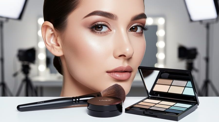 Close-up of a luminous makeup finish on a model’s cheek with a foundation brush and makeup palette under soft studio lighting.