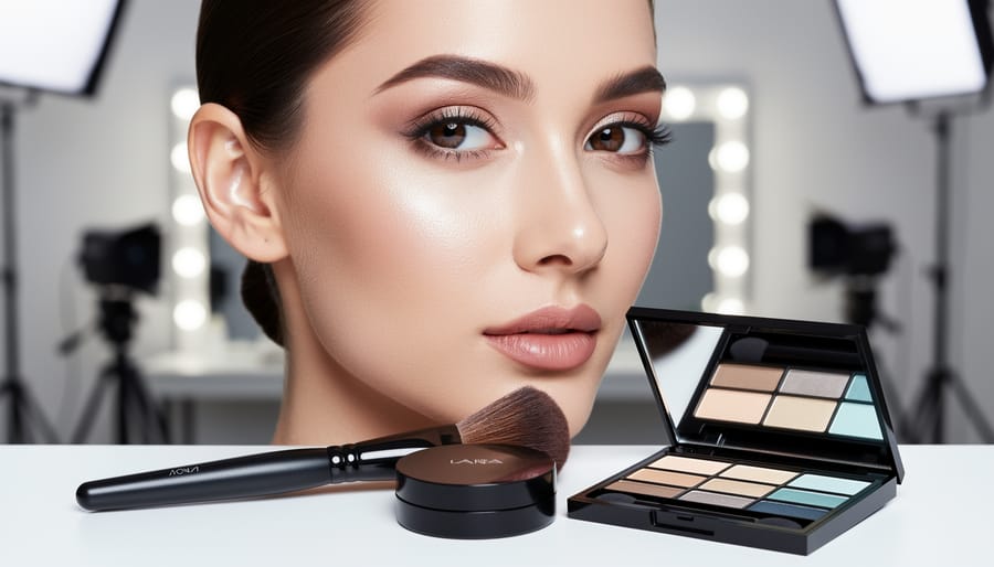 Close-up of a luminous makeup finish on a model’s cheek with a foundation brush and makeup palette under soft studio lighting.