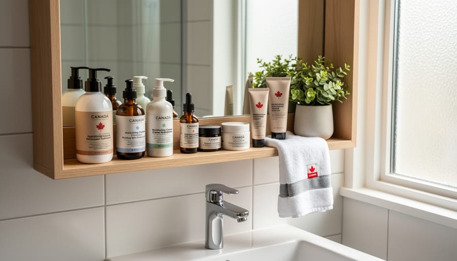 Skincare items organized on a bathroom shelf near a window in a Canadian home