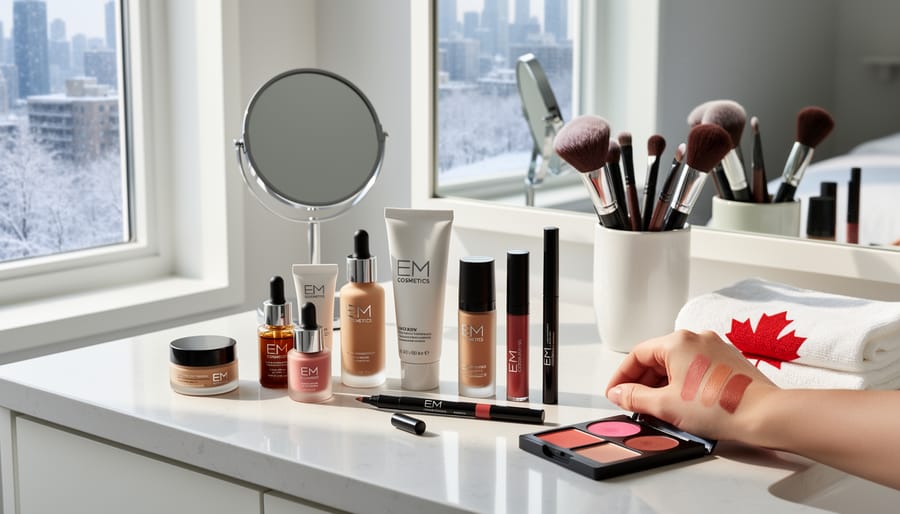 Makeup and skincare products arranged on a Canadian bathroom vanity with soft daylight