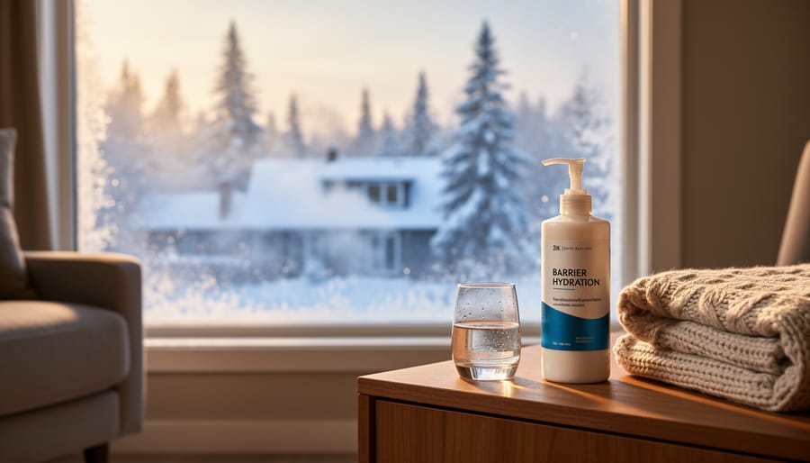 Person applying moisturizer indoors with a frosty window and winter blues softly blurred in the background.