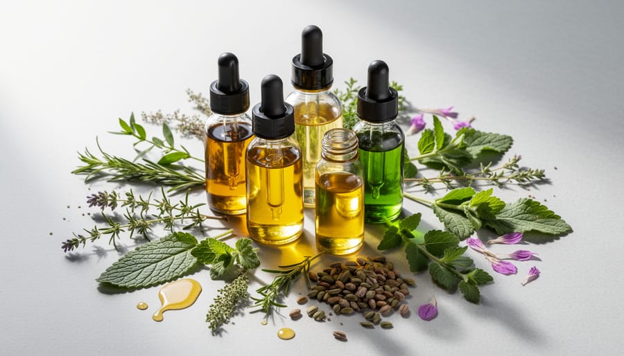 Skincare jars and bottles with glass beaker of oil and mortar of crushed botanicals on a clean surface