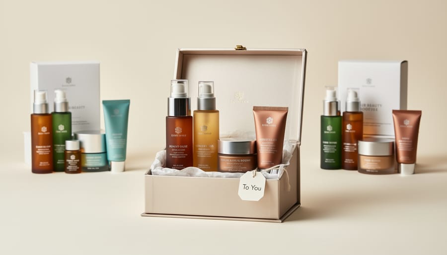 Two people comparing skincare set boxes on a tabletop with skincare products laid out nearby.
