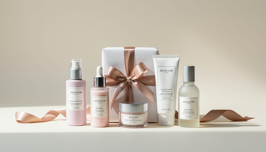 Curated skincare set gift with cleanser, toner, serum, and moisturizer arranged on a clean vanity tray and wrapped with a satin ribbon.