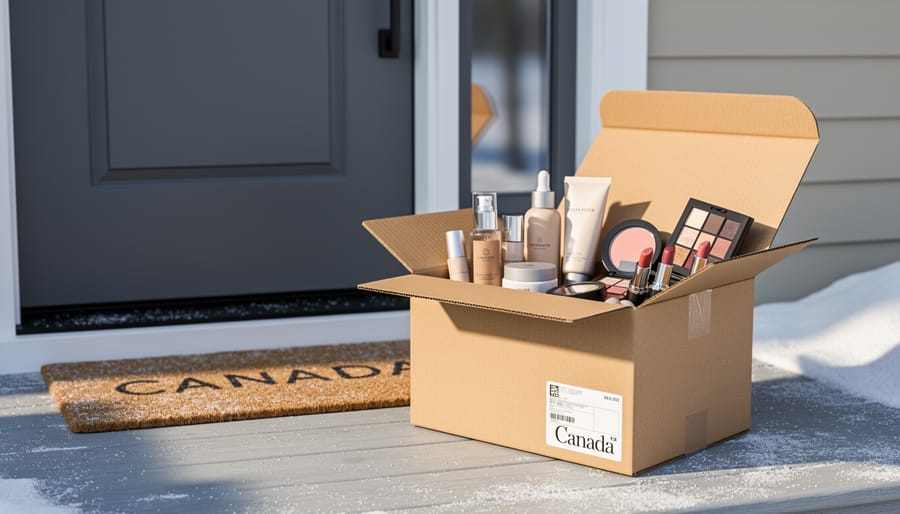 Shipping parcel placed on a front step with winter footwear visible nearby