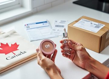 Hands holding makeup products next to a parcel box and shipping paperwork on a counter, representing buying EM Cosmetics from Canada with cross-border logistics.