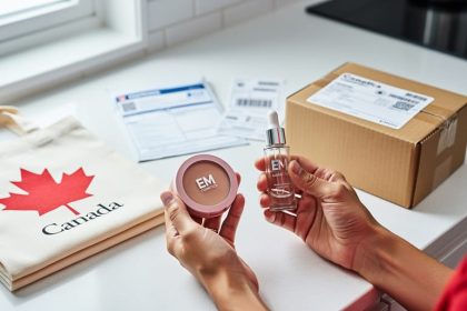 Hands holding makeup products next to a parcel box and shipping paperwork on a counter, representing buying EM Cosmetics from Canada with cross-border logistics.