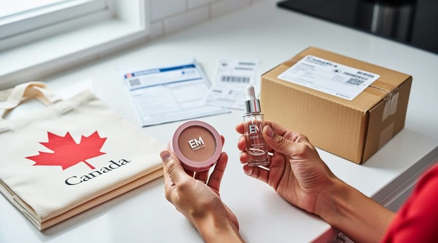 Hands holding makeup products next to a parcel box and shipping paperwork on a counter, representing buying EM Cosmetics from Canada with cross-border logistics.