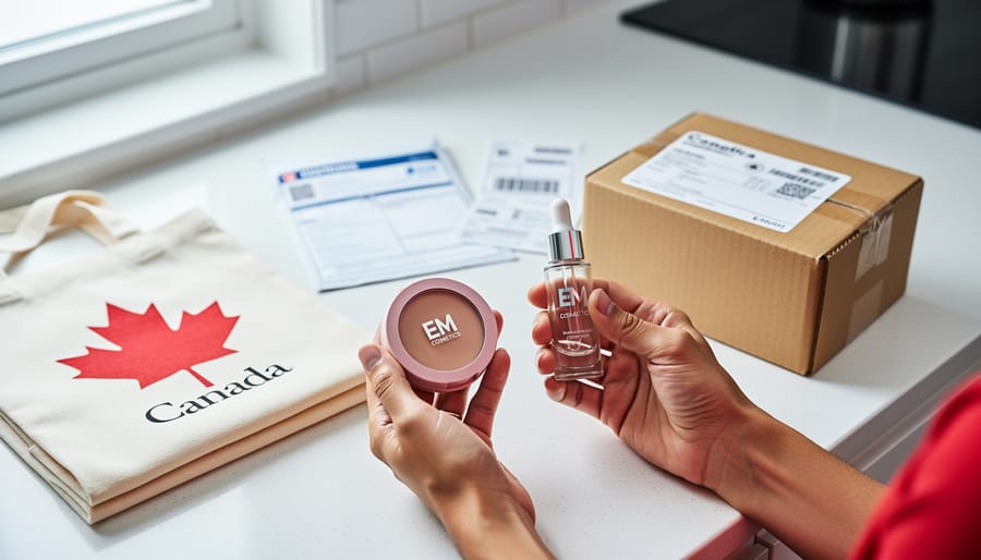 Hands holding makeup products next to a parcel box and shipping paperwork on a counter, representing buying EM Cosmetics from Canada with cross-border logistics.