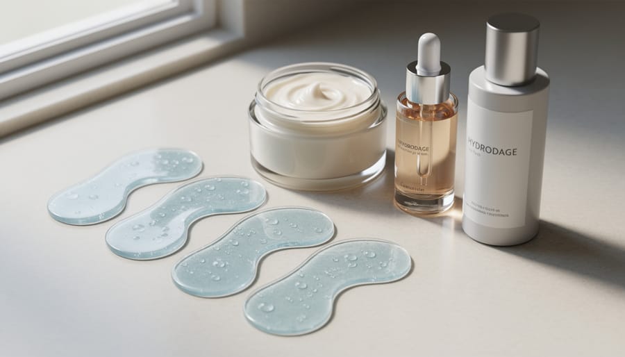 Close-up of hydrogel-style eye patches in a clear tray with skincare items on a vanity