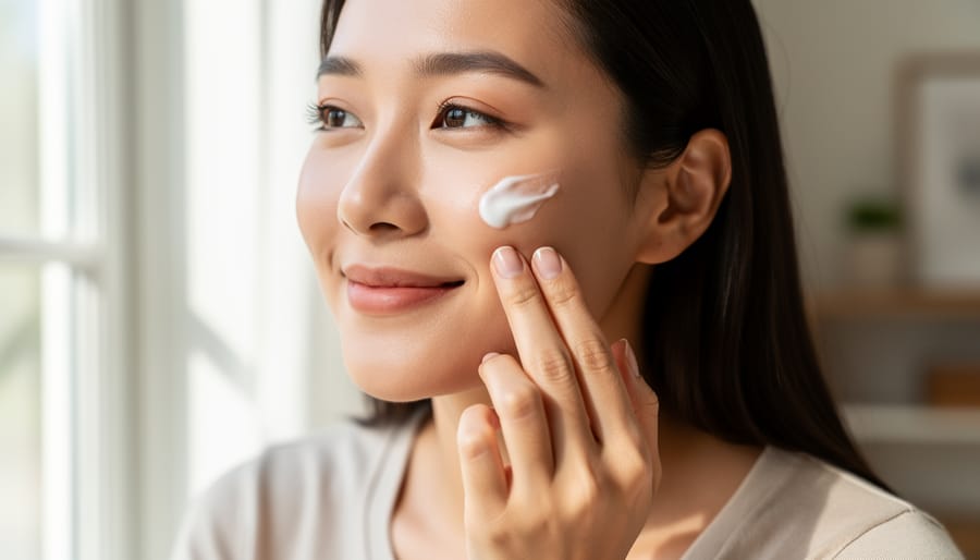 Person applying facial cream to the side of the face in warm natural light
