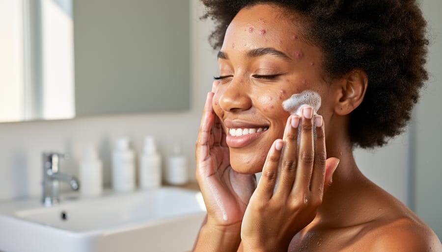 Person gently washing their face at a bathroom sink with soft daylight and visible skin texture.