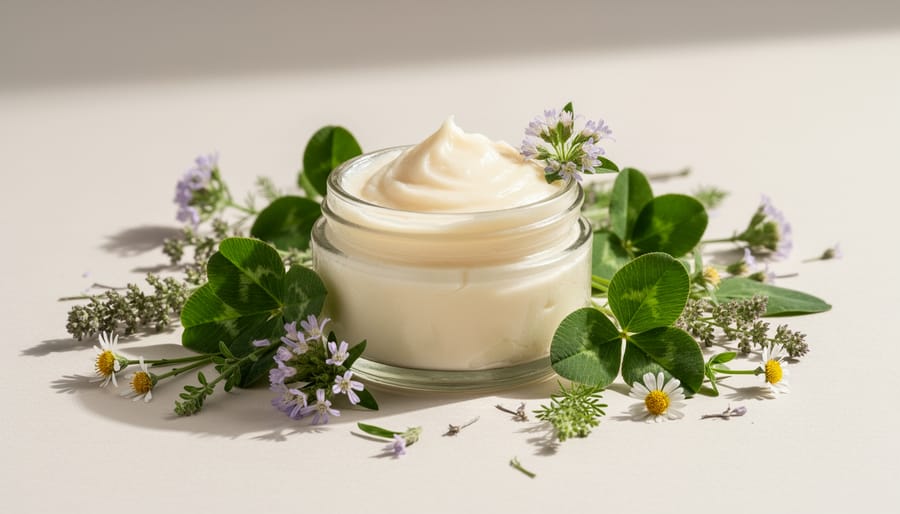 Macro view of creamy tallow in a ceramic bowl with clover leaves and small wildflowers on linen