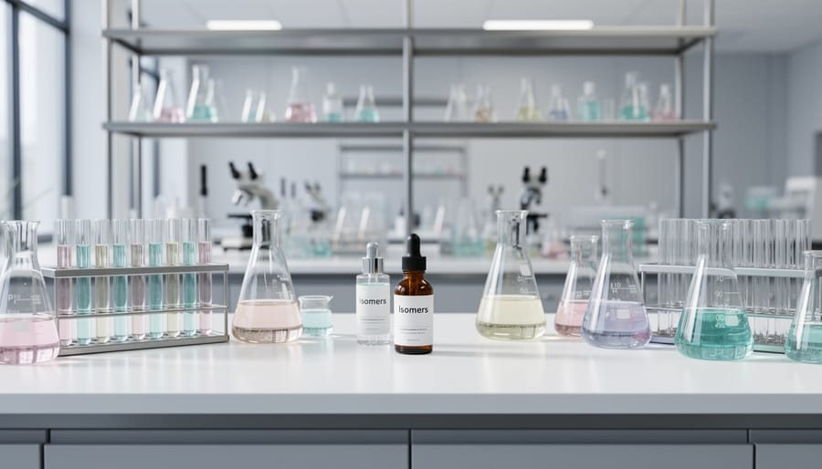 Gloved hands placing serum bottles and lab tools on a clean workbench in a modern skincare laboratory setting