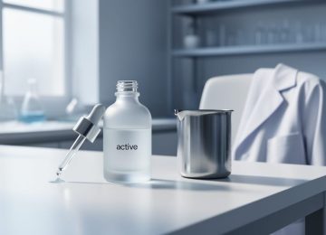 Close-up of serum dropper and skincare containers on a clean countertop with blurred laboratory glassware in the background.