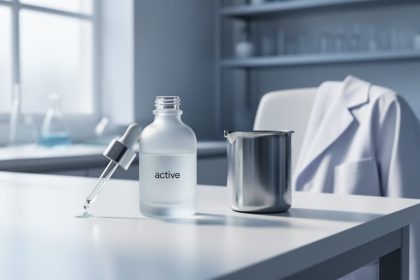 Close-up of serum dropper and skincare containers on a clean countertop with blurred laboratory glassware in the background.