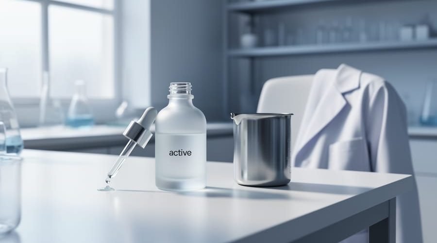 Close-up of serum dropper and skincare containers on a clean countertop with blurred laboratory glassware in the background.