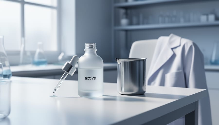 Close-up of serum dropper and skincare containers on a clean countertop with blurred laboratory glassware in the background.